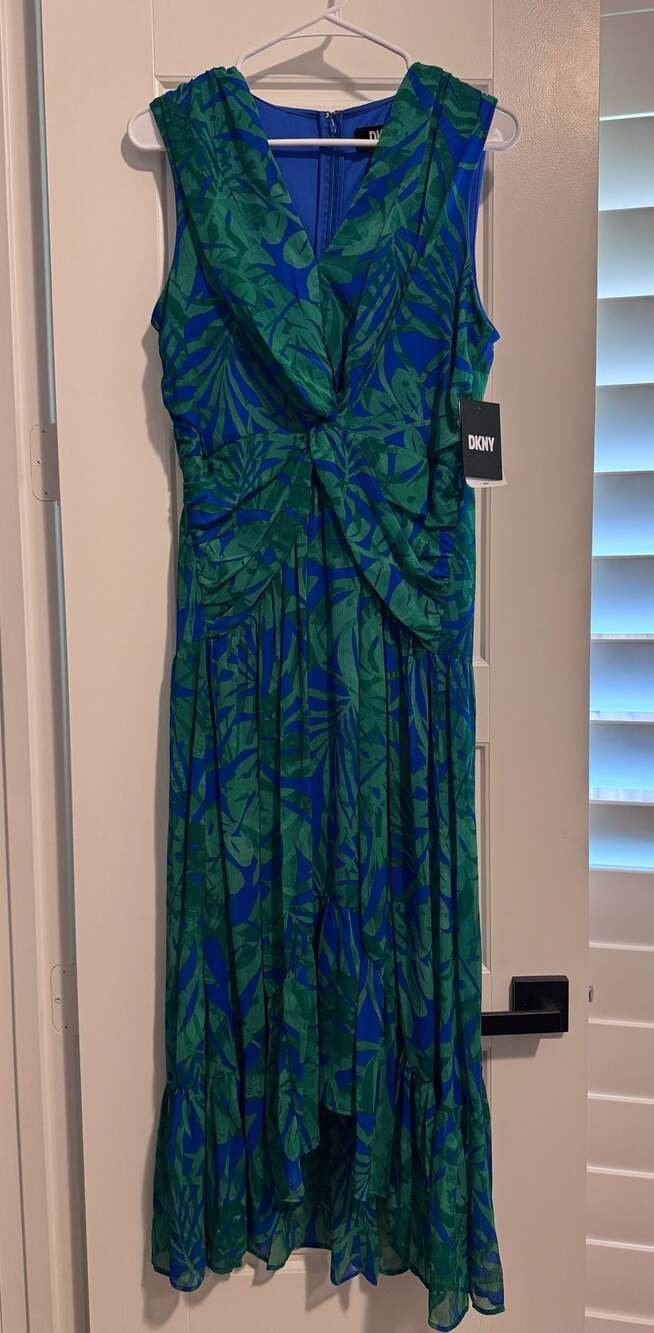 DKNY Sleeveless Tropical Print Front-Twist High-Low Midi Dress
